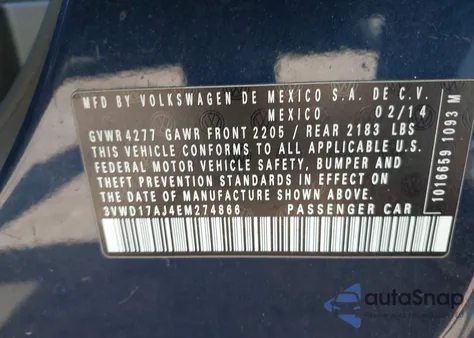 2014 Volkswagen Jetta Se from USA, damaged, VIN 3VWD17AJ4EM274866